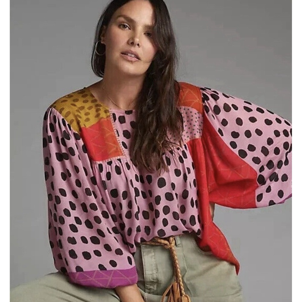 Bl^nk London Anthropologie Sz S Miranda Blouse Pink Yellow Red Patchwork Top